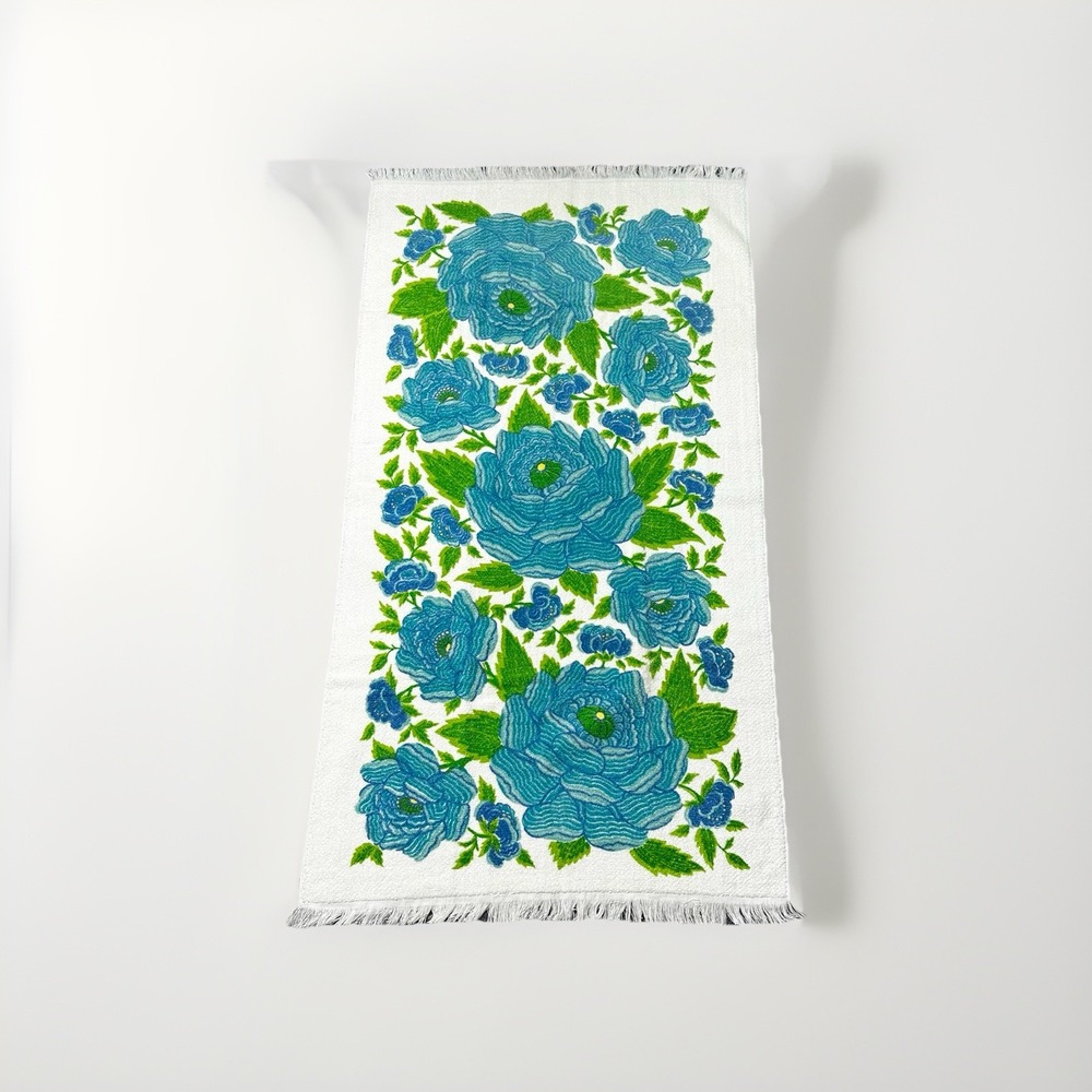 Vintage Fieldcrest Floral Blue Bath Towel 1970s‎ Fringe